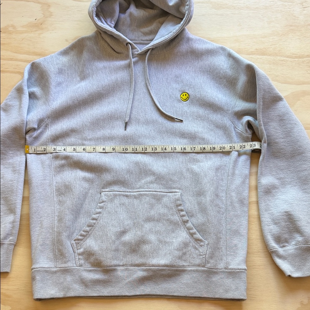 Heather Grey Hooded Sweatshirt with Yellow Smile Patch - Picture 2 of 7